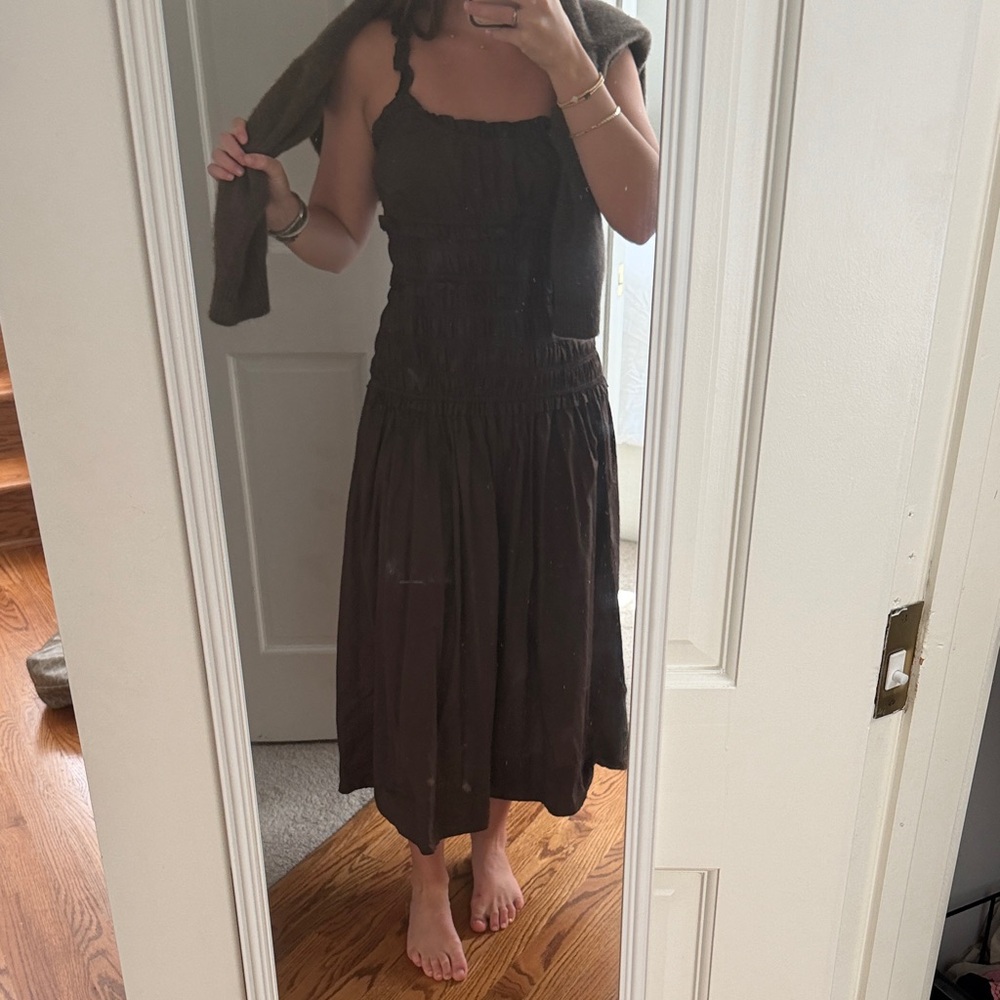 Caroline Constas Dark Brown Smocked Midi Dress